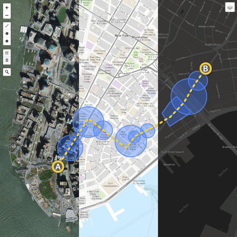 SonicMaps map styles and route drawing tools for guided audio tours