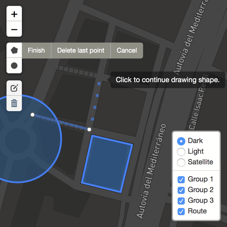 SonicMaps Editor interface showing geofence drawing tool for location-based audio tours