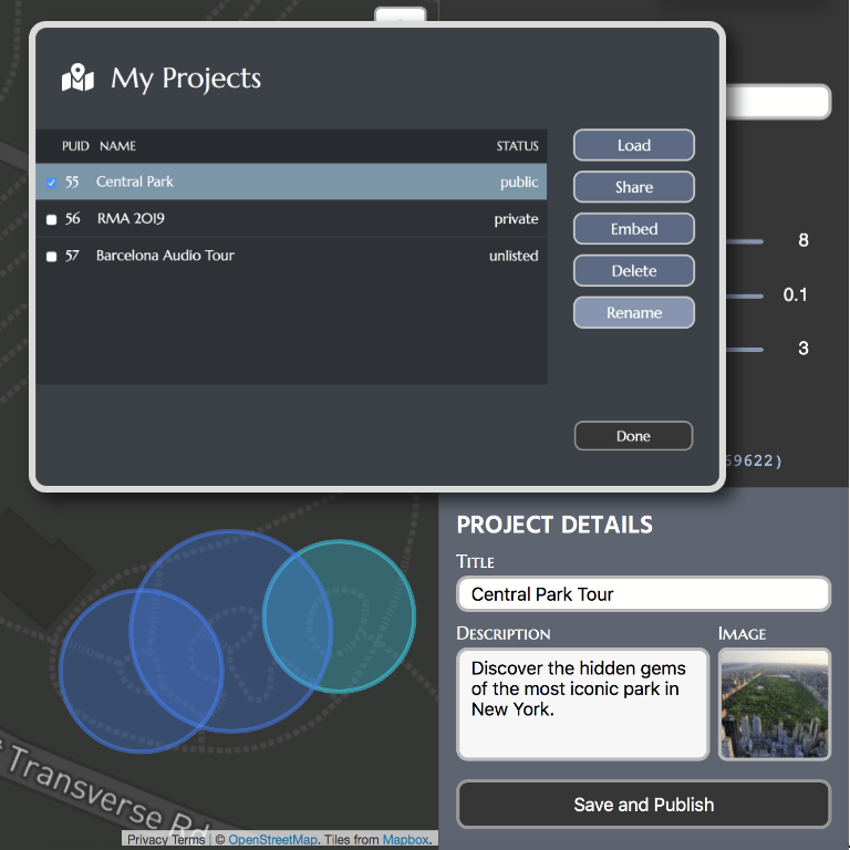 SonicMaps project management interface for saving and organizing audio tours