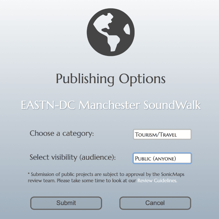SonicMaps publishing interface for sharing location-based audio experiences