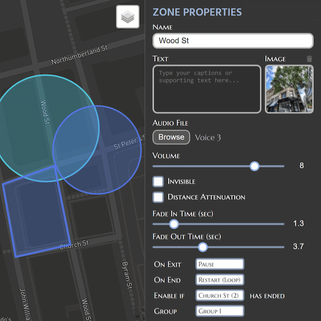 SonicMaps audio zone settings panel for configuring sound parameters and playback options