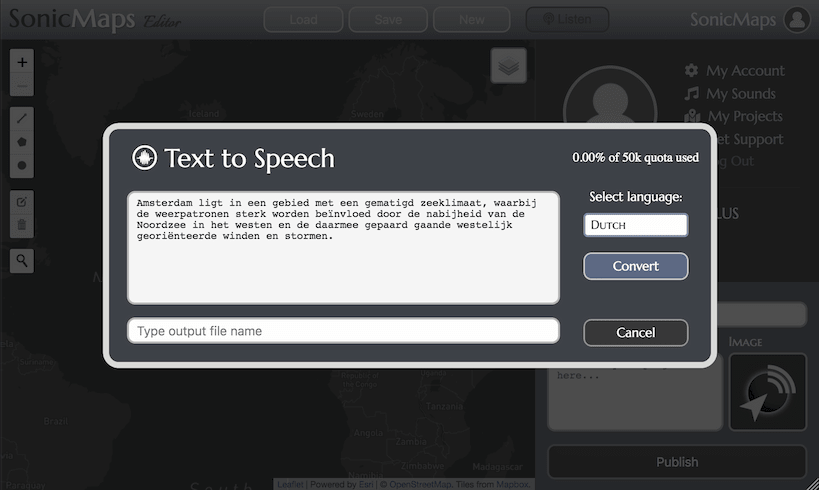 SonicMaps text-to-speech feature for multilingual audio tour creation